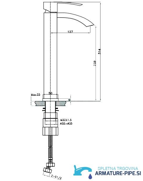 Disegno tecnico del miscelatore EYN 017 (314 mm, sporgenza 127 mm)