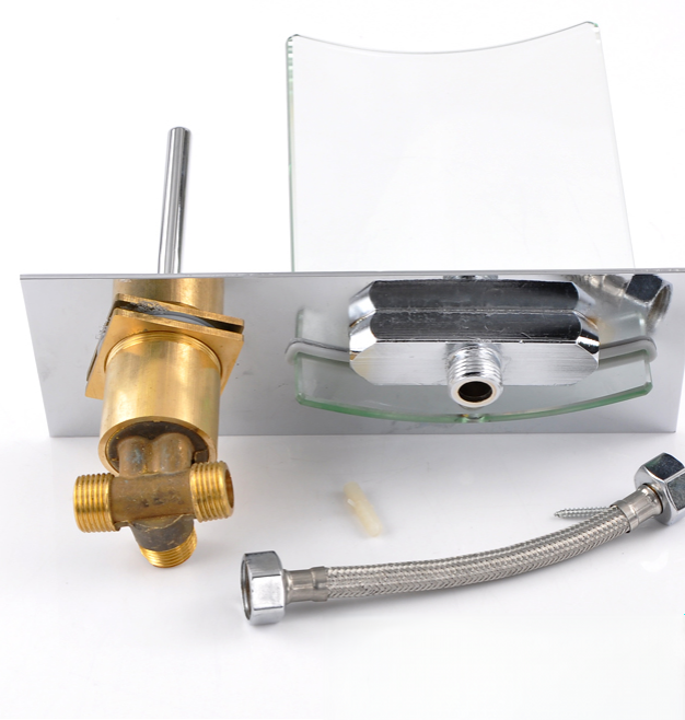 Rubinetto lavabo EYN 0359 con attacco a parete, bocca in vetro e flessibile