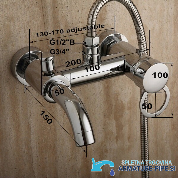 Disegno tecnico del miscelatore vasca EYN SK2264 con interasse di 130–170 mm