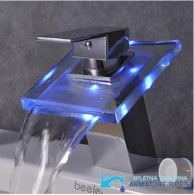 Rubinetto bagno a cascata EYN cq0812 cromato lucido con bocca in vetro illuminata di blu