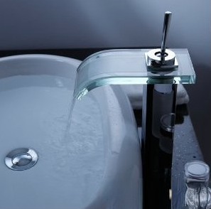 Rubinetto lavabo EYN0145 con bocca curva in vetro e leva monocomando
