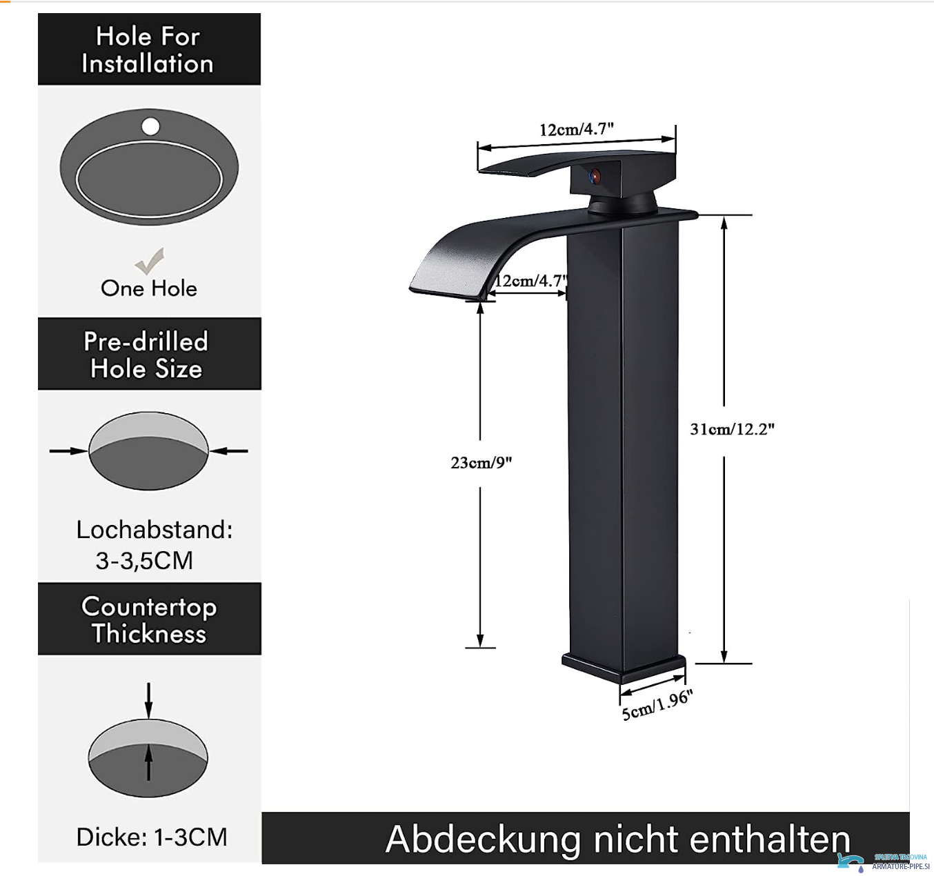 Tehnički crtež kupaonske slavine EYN103 (31 cm, 23 cm, 12 cm, otvor 3–3,5 cm)