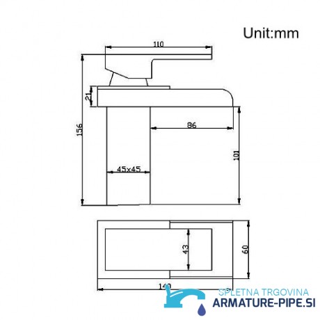 Disegno tecnico del miscelatore a cascata EYN206, altezza 156 mm e sporgenza 86 mm