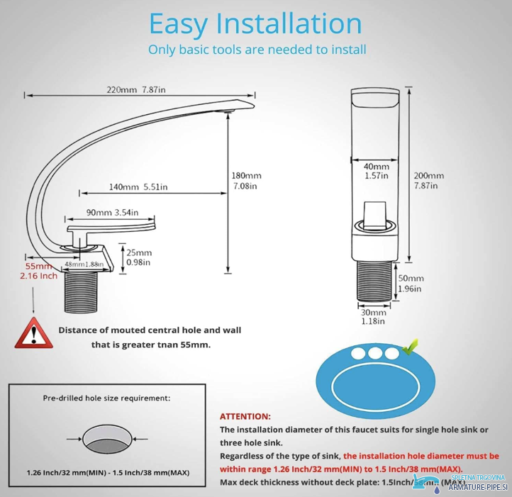 Quote di montaggio del miscelatore per lavabo GB1424-zs con installazione monoforo