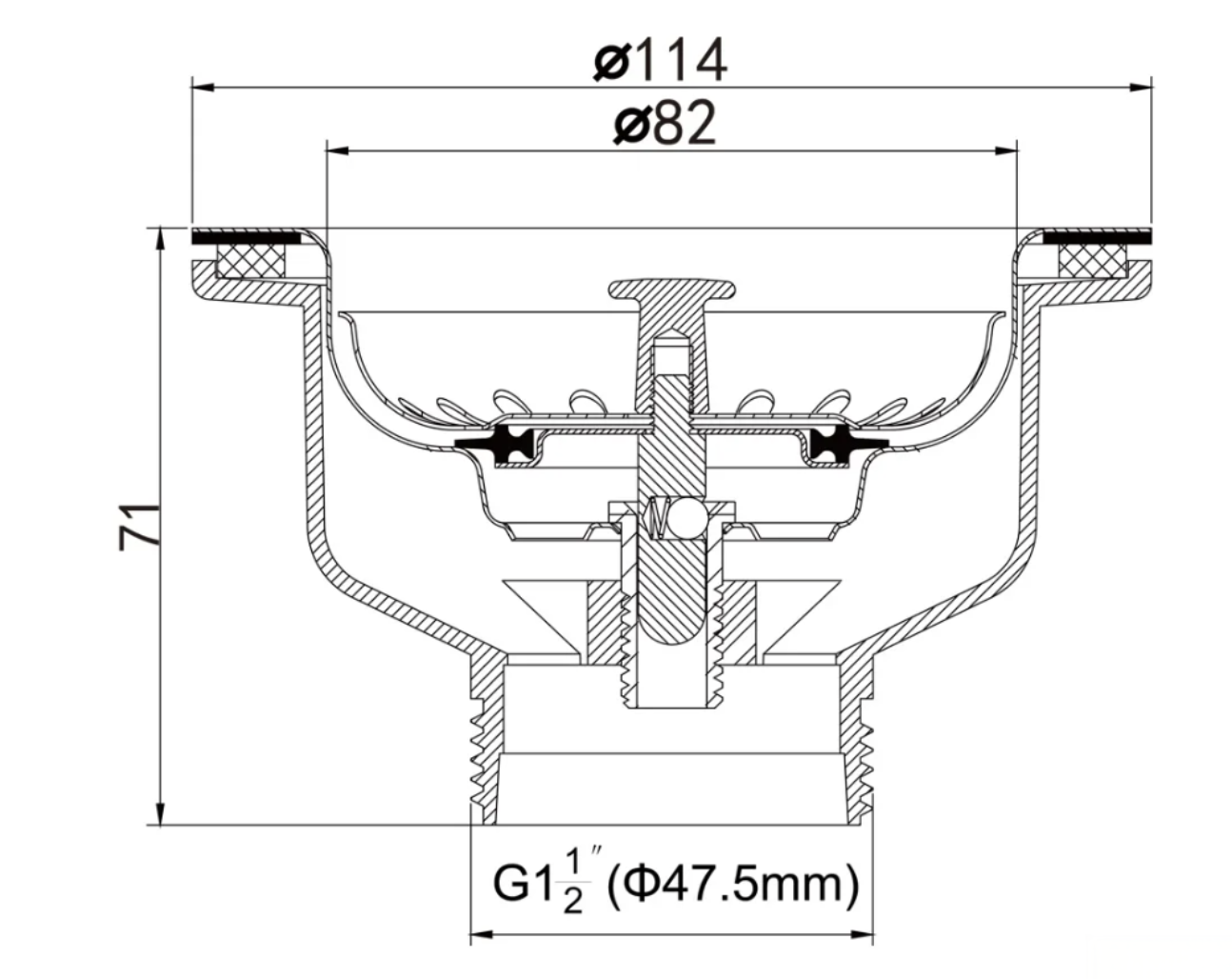 Disegno tecnico della piletta EYN GBP1504: Ø 114 mm, altezza 71 mm e G1½