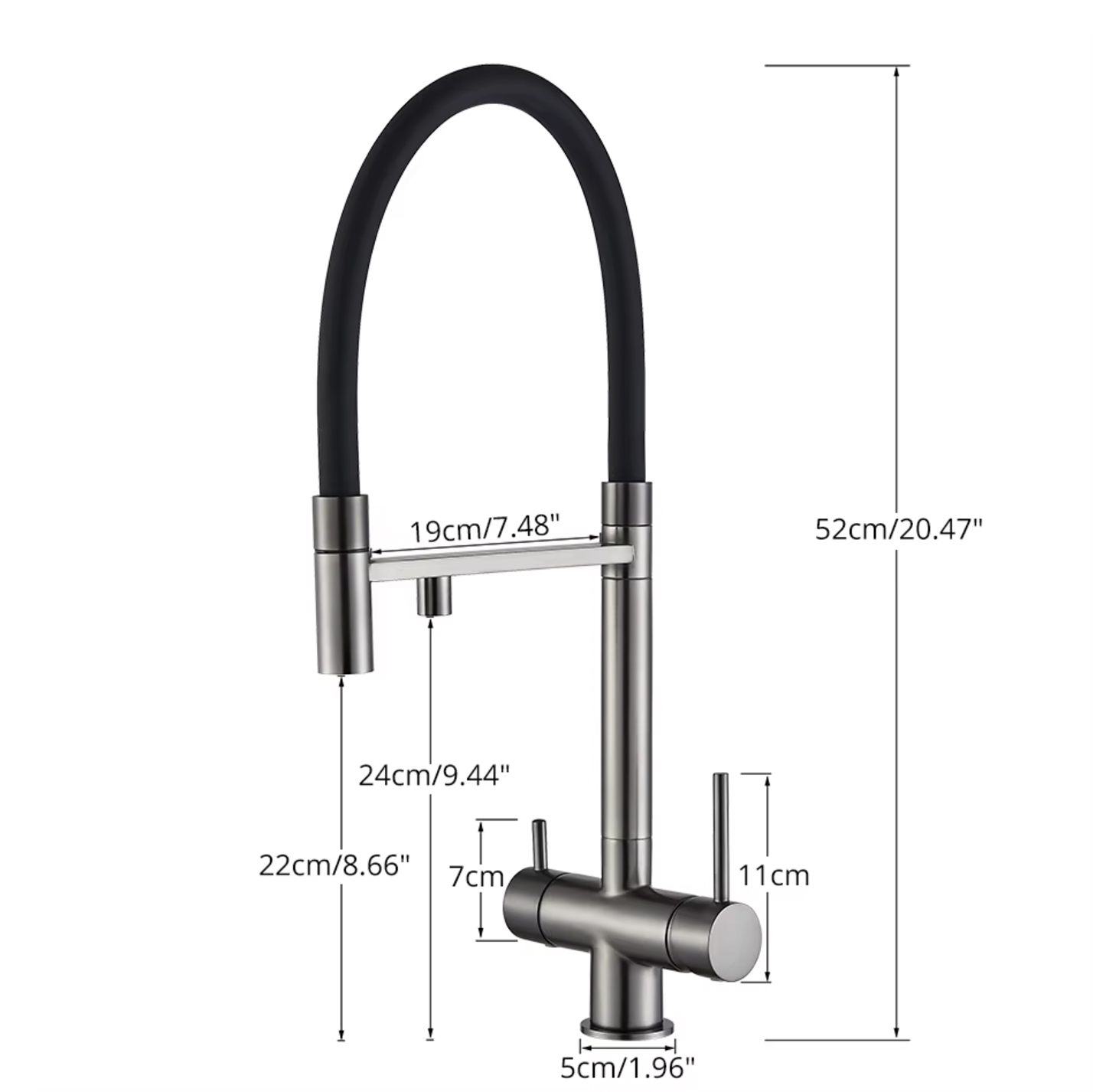Misure del miscelatore filtrante da cucina KA1643 con altezza totale di 52 cm