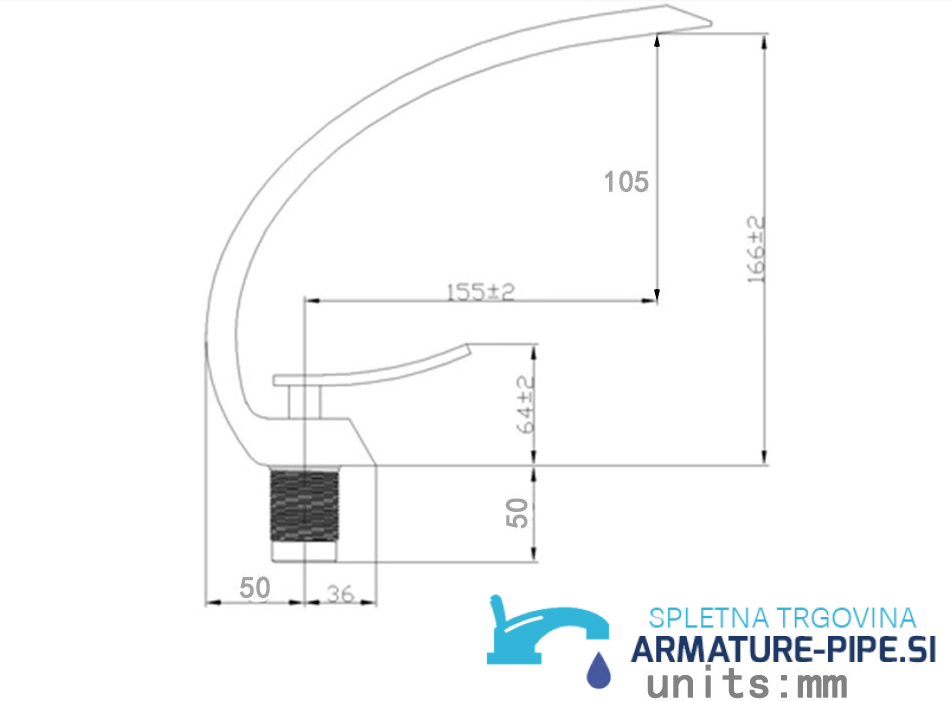 Disegno tecnico del rubinetto semicircolare KA72932 da 166 × 155 mm