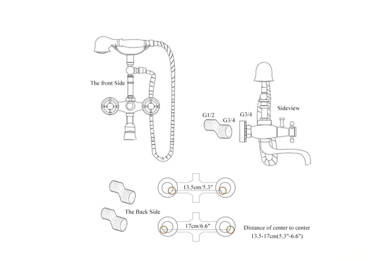 Disegno tecnico KAQ1305 vintage (135–170 mm, G1/2, G3/4)