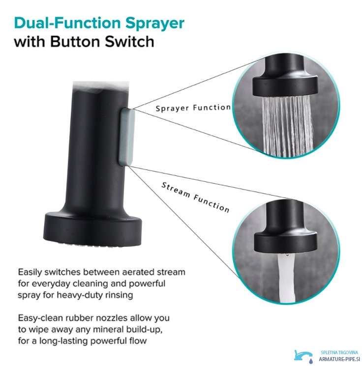 A KB1507b konyhai csaptelep matt fekete zuhanyfejének két vízsugármódja és nyomógombja