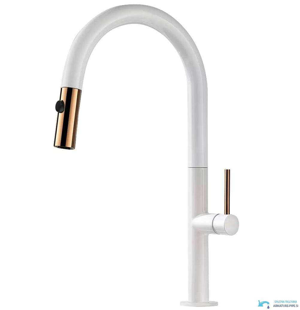 Elegante rubinetto da cucina premium KB2132b bianco con dettagli color rame