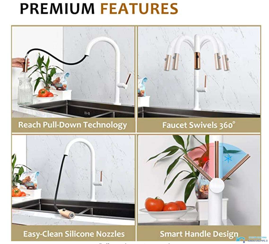 Funzioni del rubinetto da cucina premium KB2132b: doccetta estraibile e bocca girevole