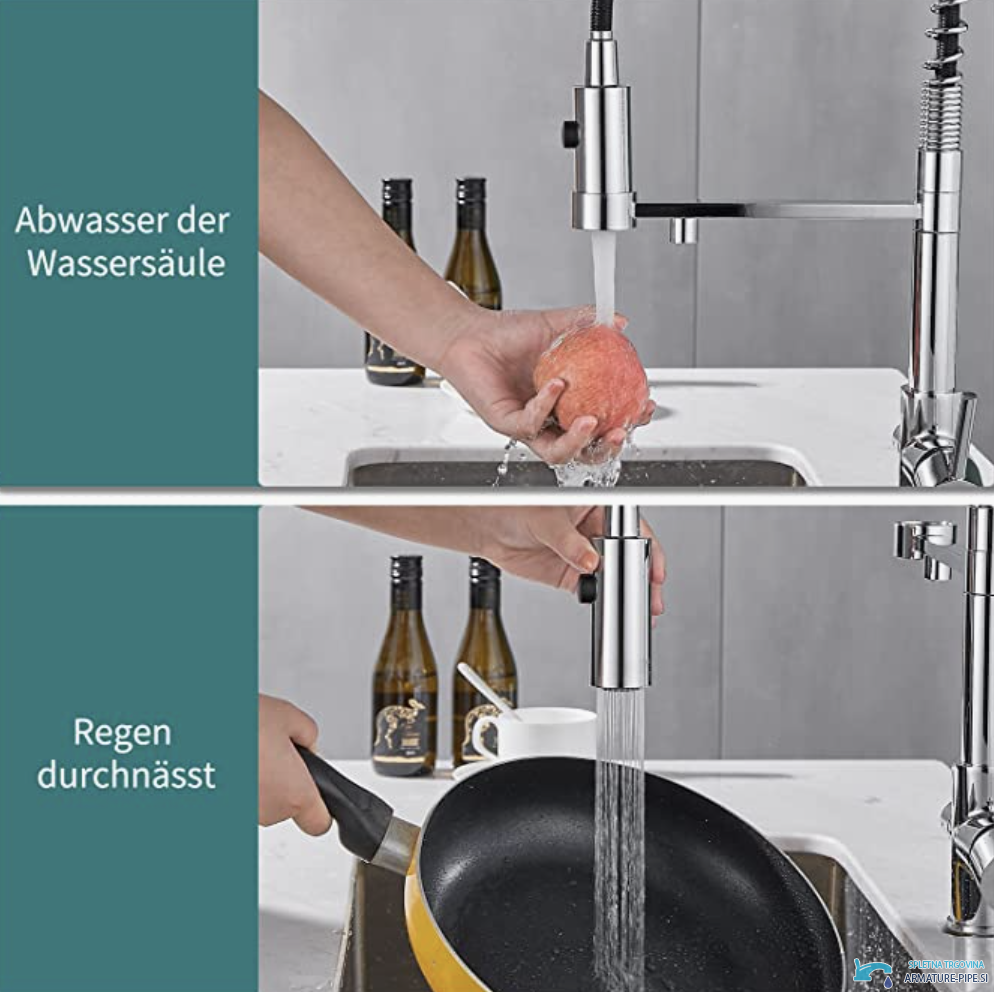 Funzioni del miscelatore da cucina filtrante KF1459: getto normale e getto a doccia