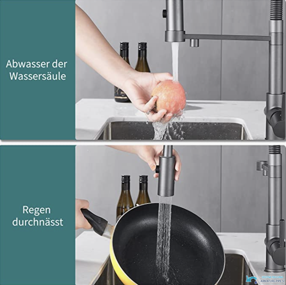 Funzioni del miscelatore da cucina filtrante KF1459: getto d'acqua e doccetta estraibile