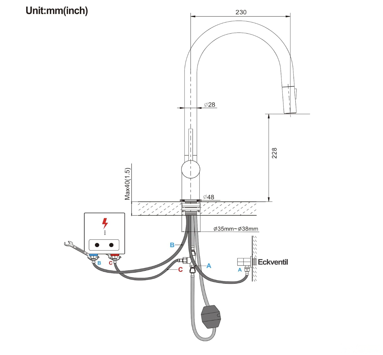 Disegno tecnico del miscelatore da cucina KL1109 con misure e schema di collegamento