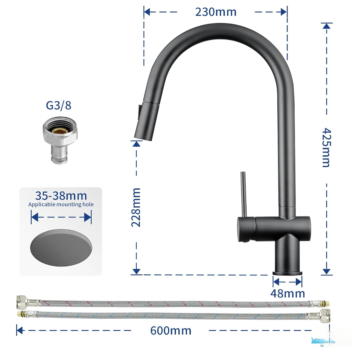 Specifiche KL1109: nero opaco, altezza 425 mm, attacco G3/8