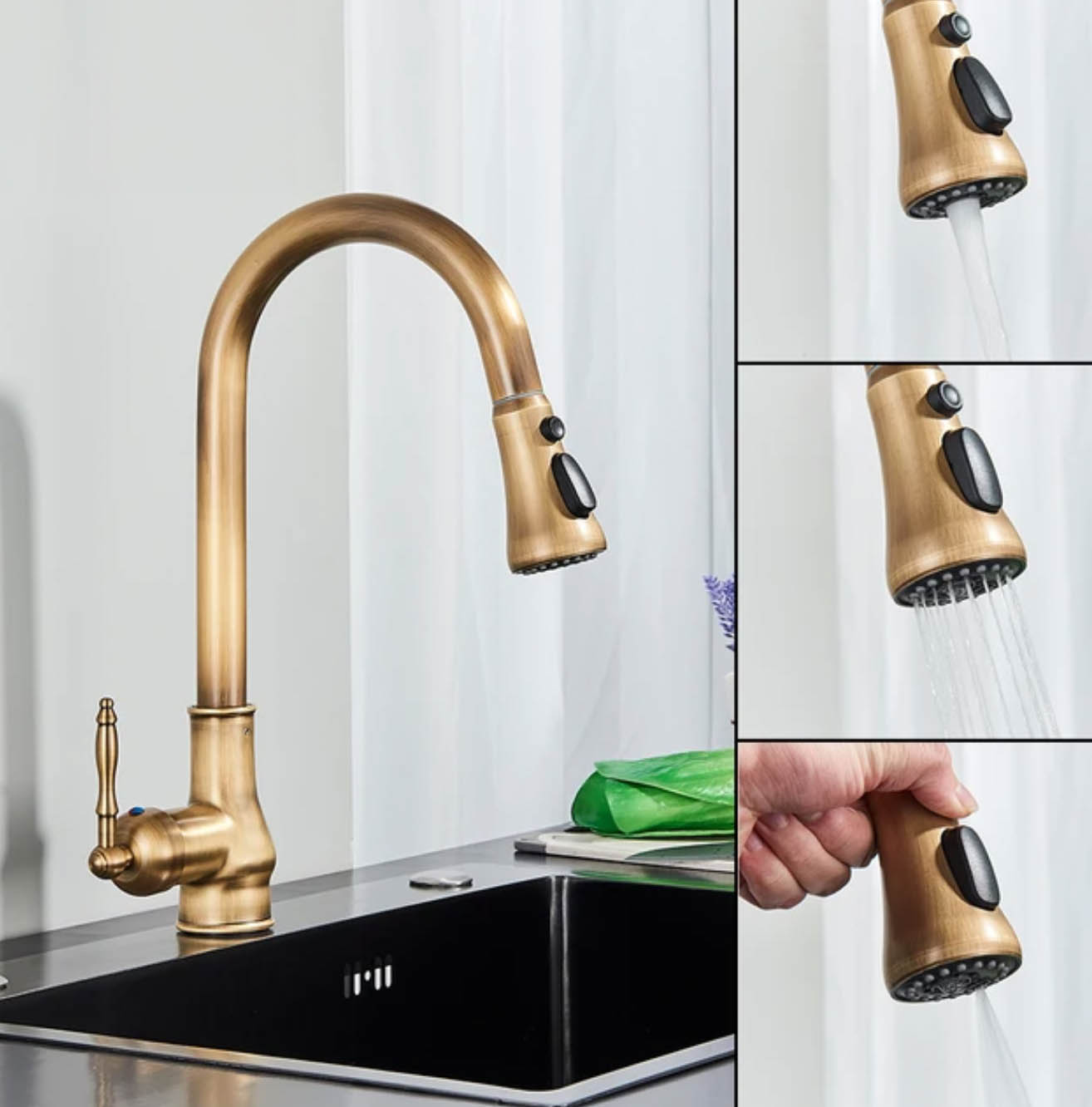 Rubinetto da cucina EYN KS1448 in uso su un lavello nero