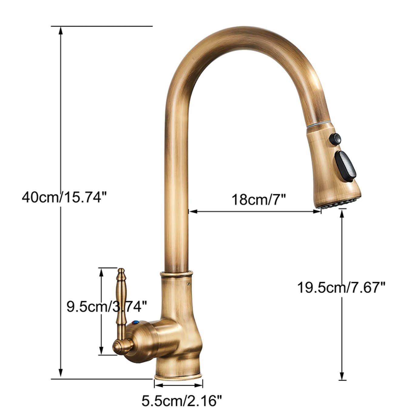 Dimensioni del rubinetto da cucina EYN KS1448 alto 40 cm e profondo 18 cm