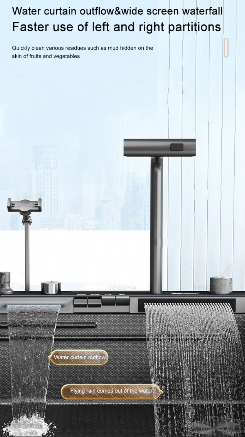 Getto a cascata integrato nel rubinetto da cucina KS2299 in acciaio inox