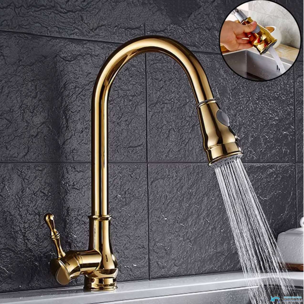 Rubinetto da cucina estraibile KZI5176 con getto doccia ampio e finitura dorata lucida