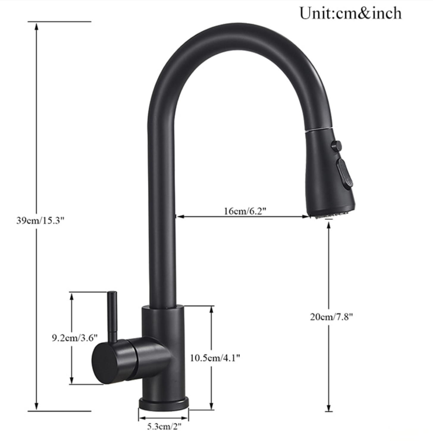 Disegno tecnico del miscelatore KZI6168 estraibile, alto 39 cm e profondo 16 cm