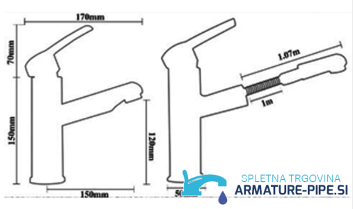 Disegno del rubinetto KZI8705 con sporgenza di 170 mm e tubo da 1,07 m