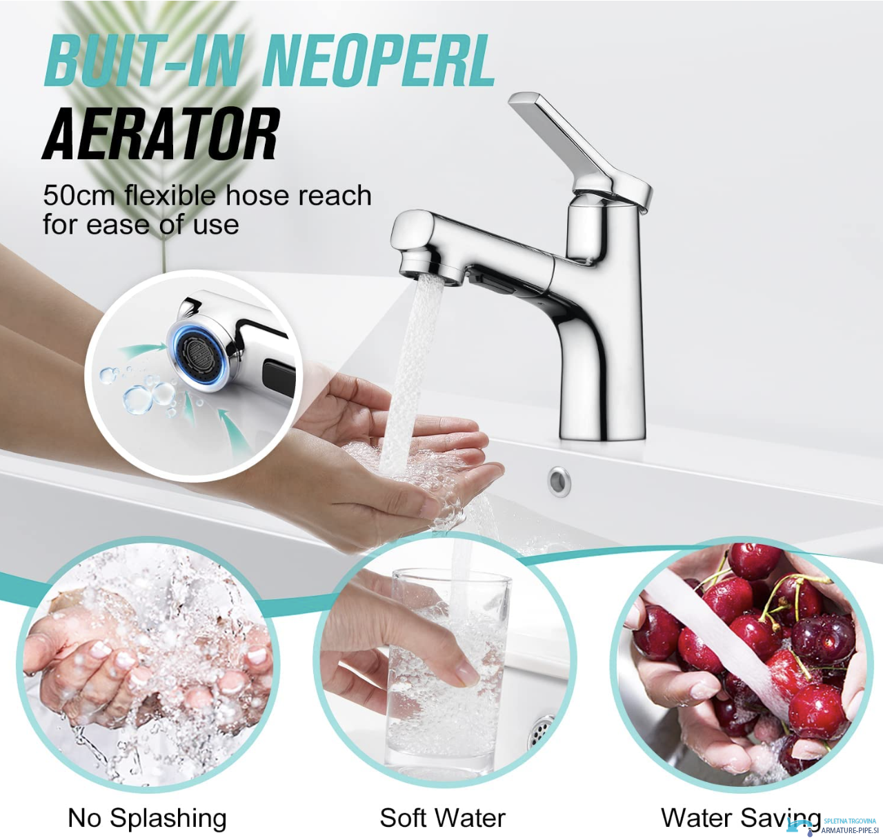 Rubinetto bagno estraibile KZI8705 con aeratore integrato e tubo da 50 cm