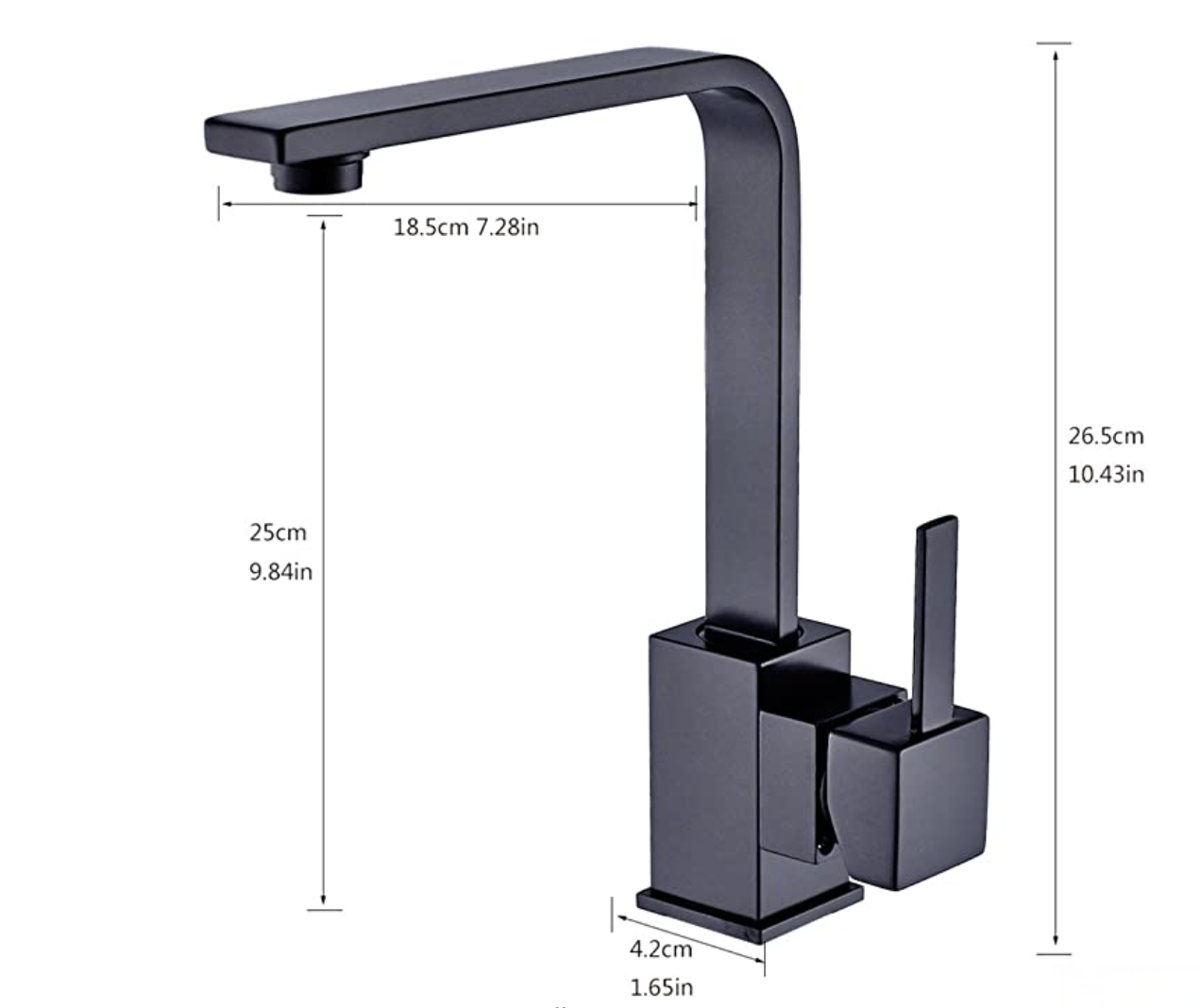 Dimensioni del miscelatore EYN NT1252: altezza 26,5 cm e profondità bocca 18,5 cm