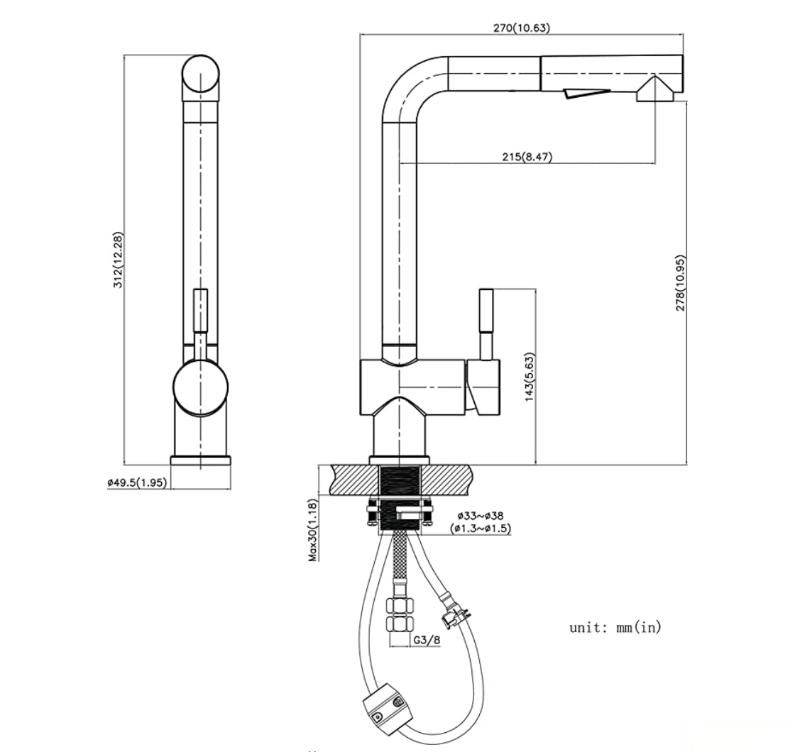 Disegno tecnico del miscelatore EYN NT1344 con sporgenza di 270 mm e attacco G3/8
