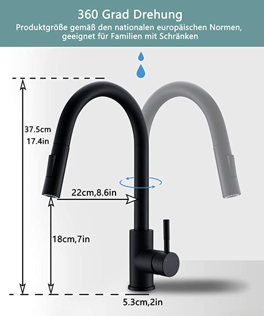 Disegno tecnico del rubinetto NT1354: altezza 37,5 cm e sporgenza 22 cm
