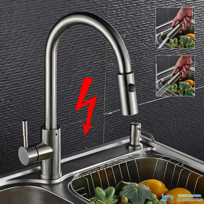 Miscelatore a bassa pressione EYN NT1546 in uso su un lavello da cucina con cestello per verdure