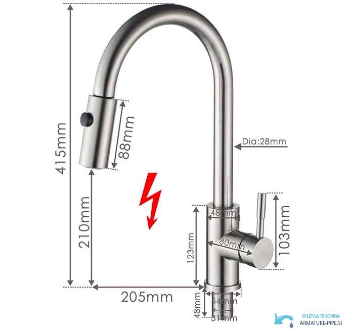 Disegno tecnico del miscelatore EYN NT1546: altezza 415 mm e sporgenza 205 mm