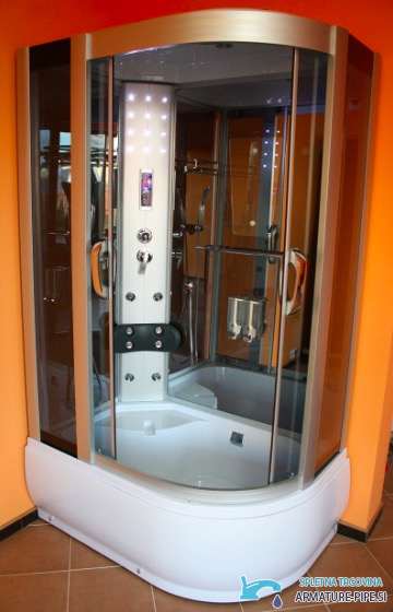 Cabina doccia chiusa con parete curva in vetro e piatto bianco