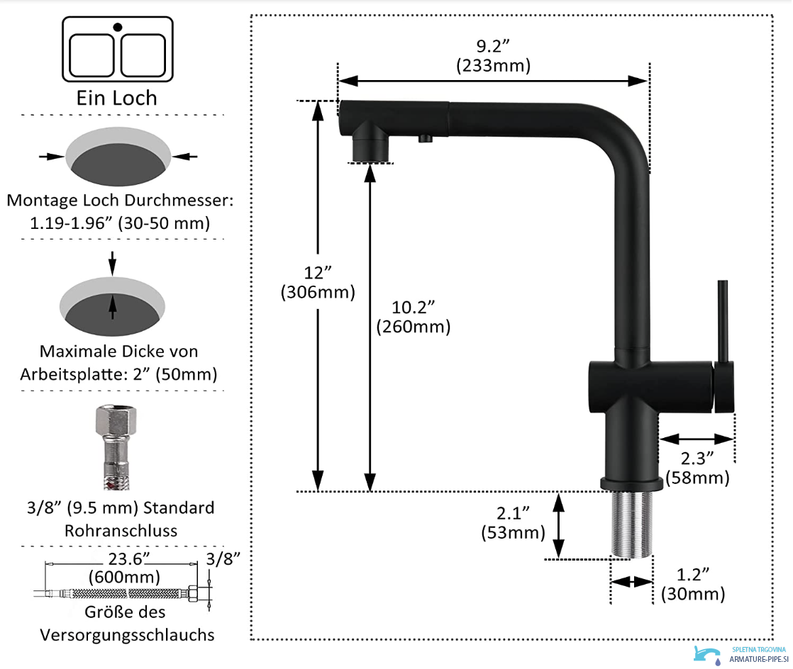 Disegno del rubinetto NTB2003: altezza 306 mm e sporgenza 233 mm