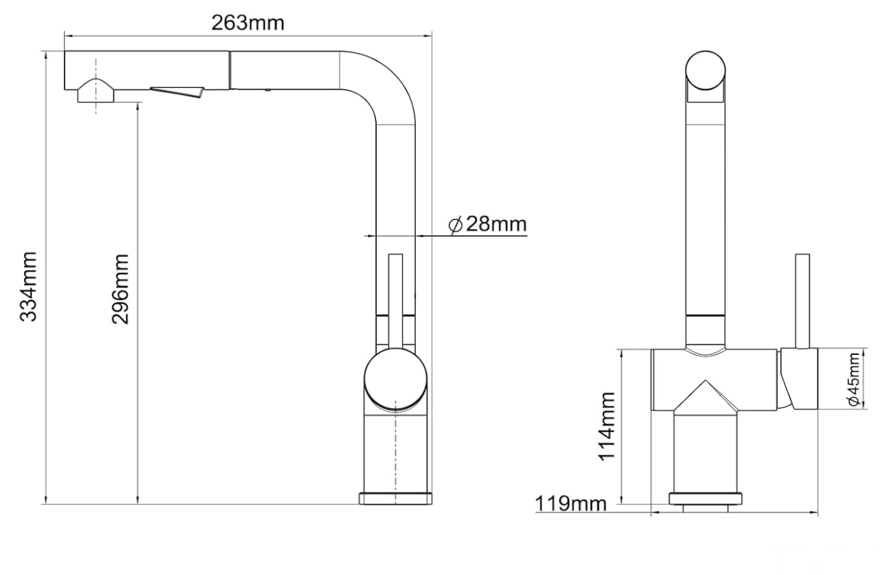 Disegno del rubinetto NTB2003 (334 × 263 mm, Ø 28 mm)