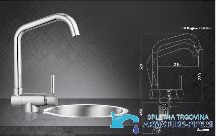 Disegno tecnico del miscelatore ribaltabile PA13536, altezza 320 mm e sporgenza 210 mm