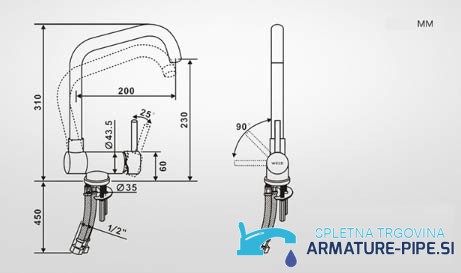Disegno tecnico del miscelatore in ottone PA13536, altezza 310 mm e sporgenza 200 mm