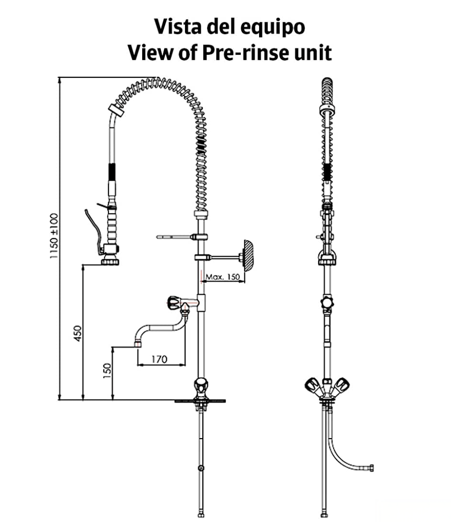 Disegno tecnico del rubinetto PRO1337 (1150 ± 100 mm, sporgenza 170 mm)