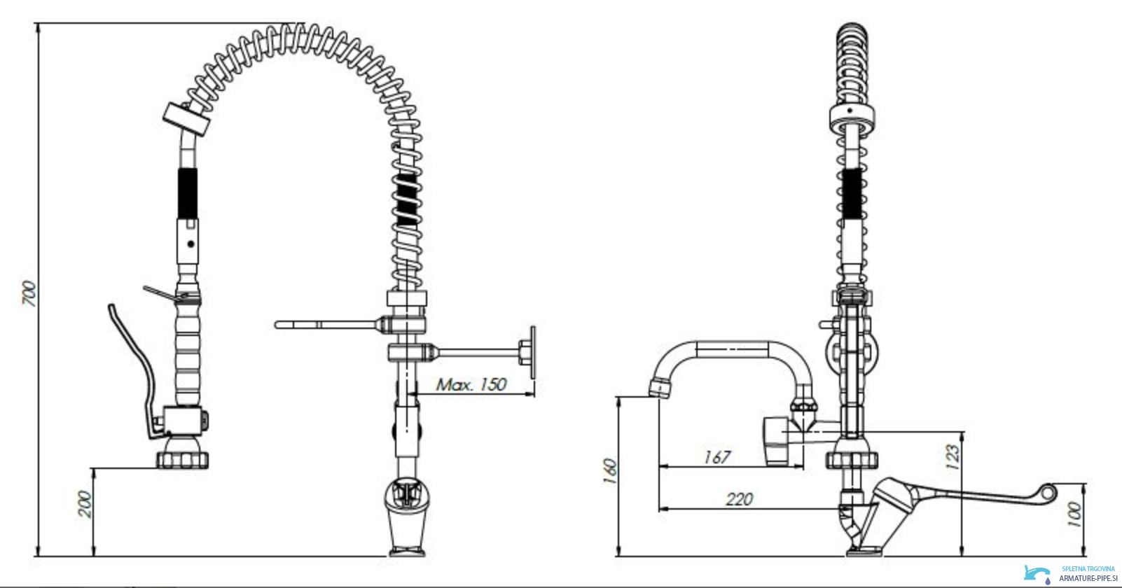 Disegno tecnico del rubinetto professionale EYN PRO1430 (altezza 700 mm, sporgenza 220 mm)