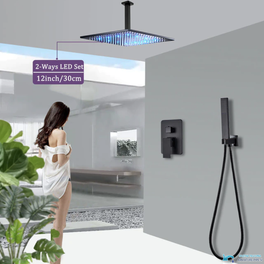 Sistema doccia LED da incasso PT50089 nero opaco con soffione illuminato di blu