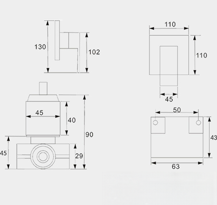 Disegno tecnico del sistema doccia PT61219 con placca da 110 × 110 mm
