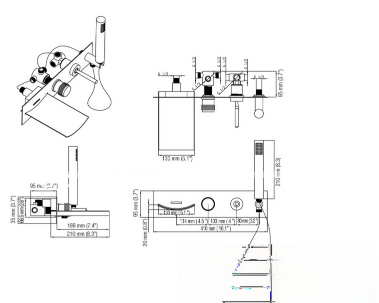 Dimensioni del rubinetto a parete SAK9671 e attacchi G1/2