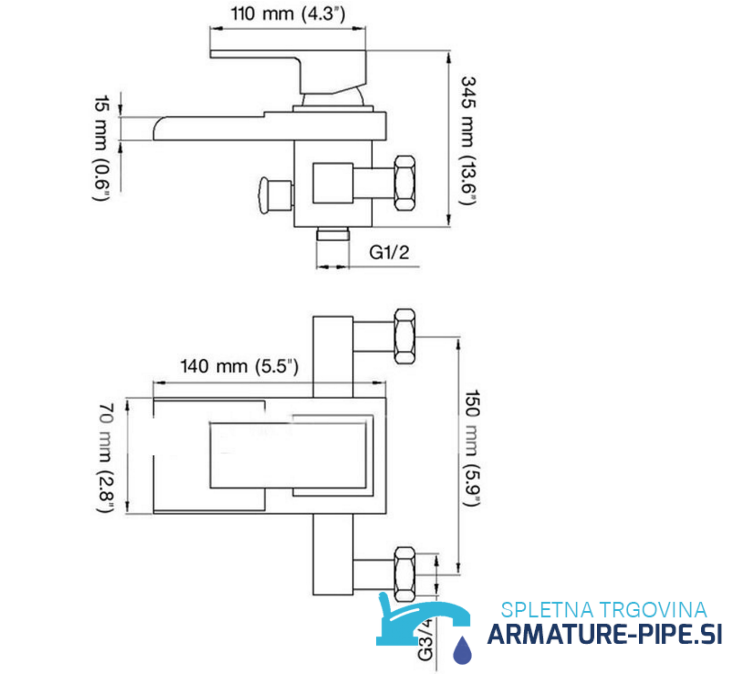 Disegno tecnico del miscelatore vasca SK3542 con bocca a cascata, misure e raccordi