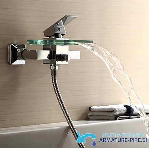 Miscelatore vasca in vetro SK9024 a parete con bocca a cascata cromata