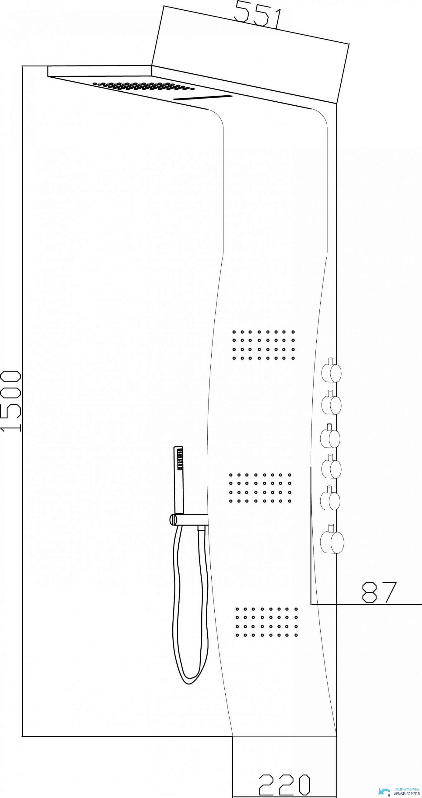 Dimensioni tecniche del pannello doccia a incasso SP1058