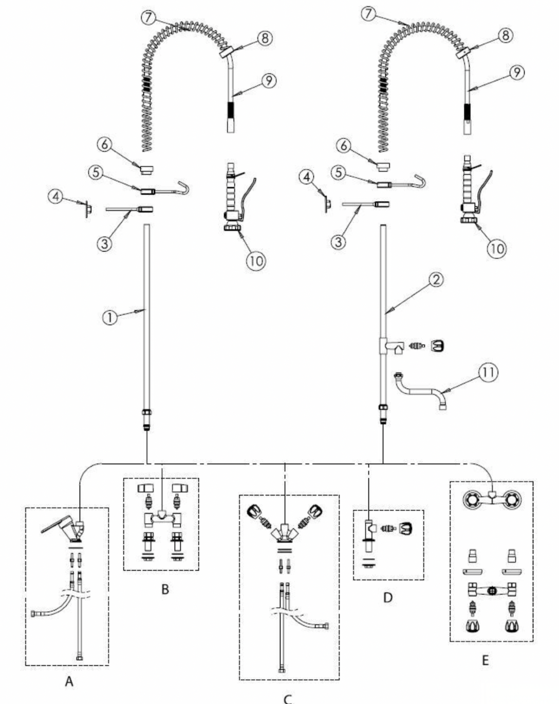 Schema dei componenti del rubinetto a parete SPRO1228 con molla, flessibile e doccetta