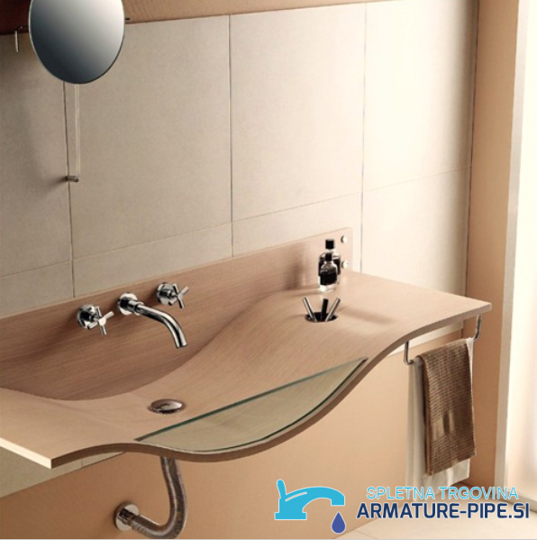 Rubinetto lavabo LED EYN SU0167 in bagno con lavabo sinuoso