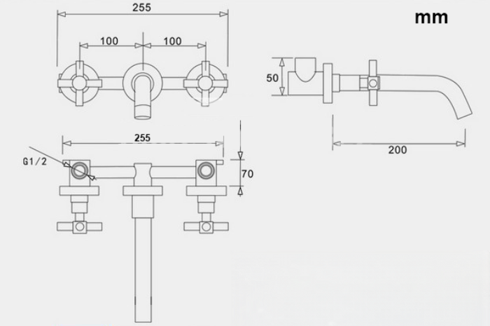 Disegno tecnico del rubinetto a parete EYN SU0167 con quote e attacco G1/2