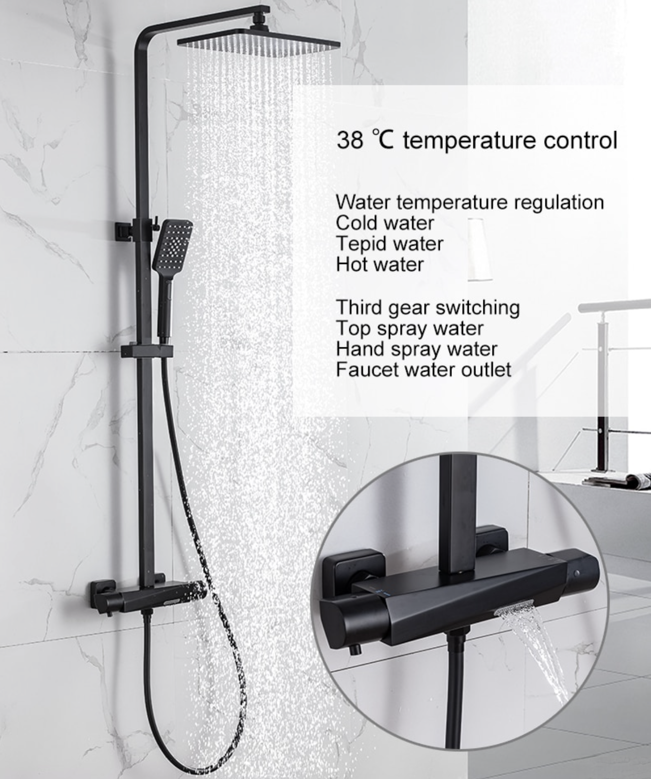 Lussuoso sistema doccia termostatico esterno EYN TB1751 in nero opaco