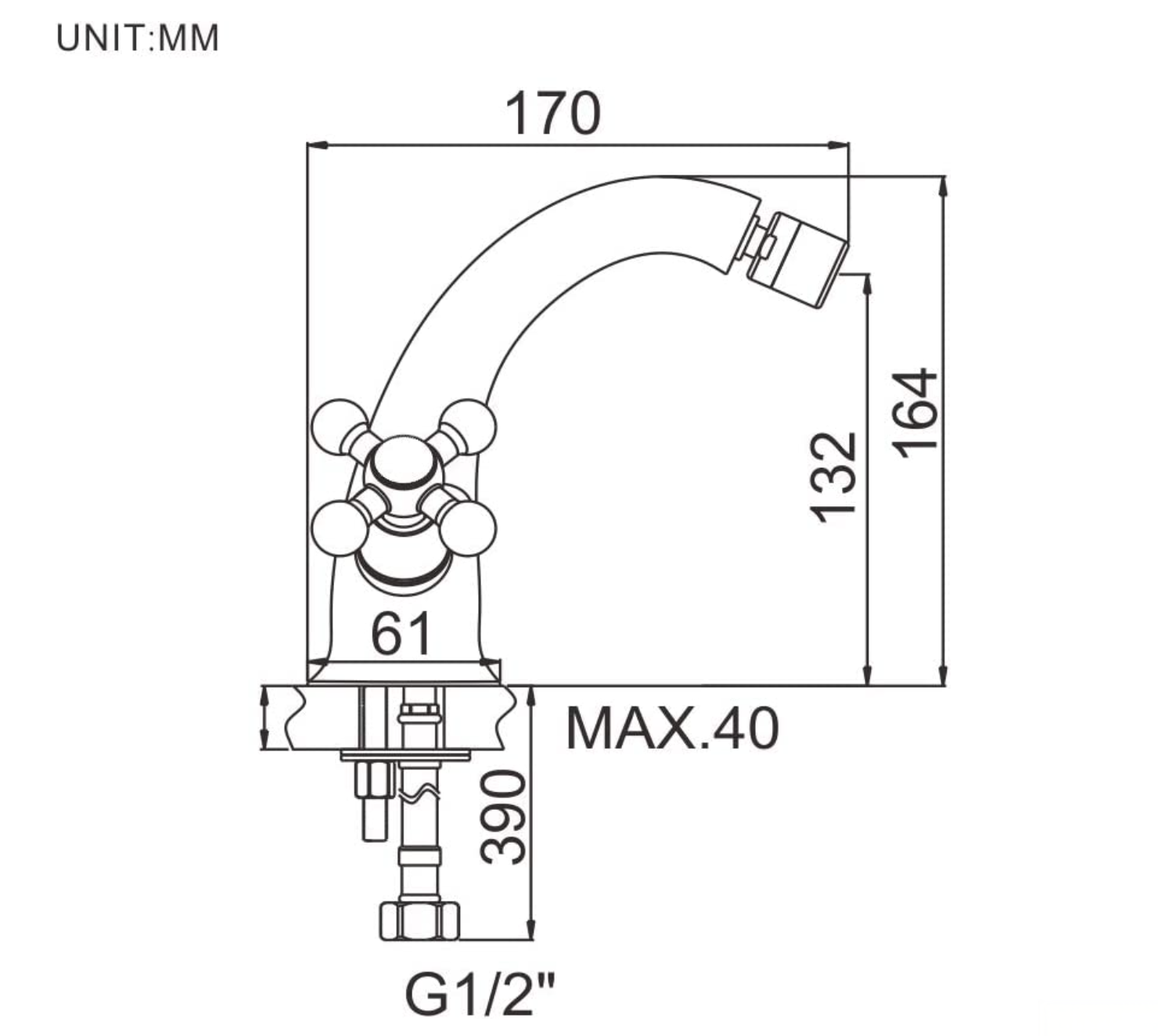 Disegno tecnico del rubinetto bidet rustico UC1143 cromato (170 × 164 mm, G1/2)