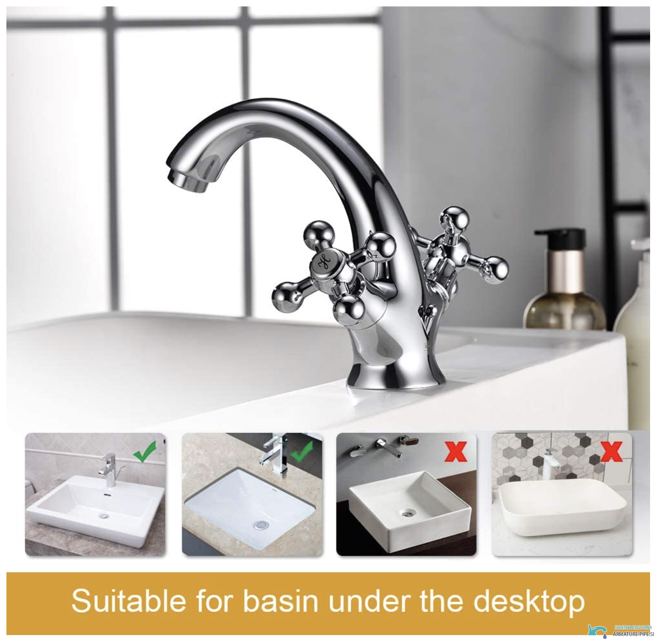 Rubinetto bidet rustico UC1143 cromato sul bordo di un lavabo bianco